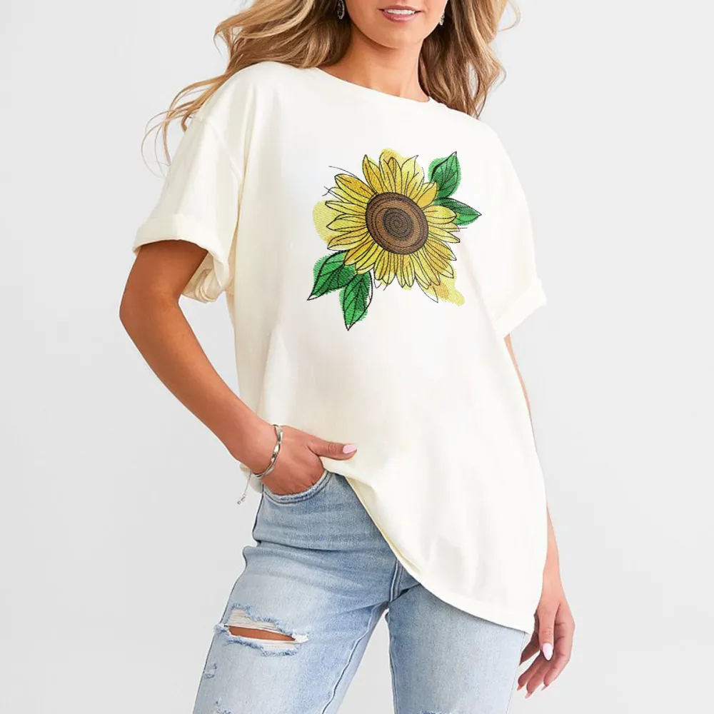 Hand Drawn Sunflower Flower Pattern, Casual T-Shirt.
