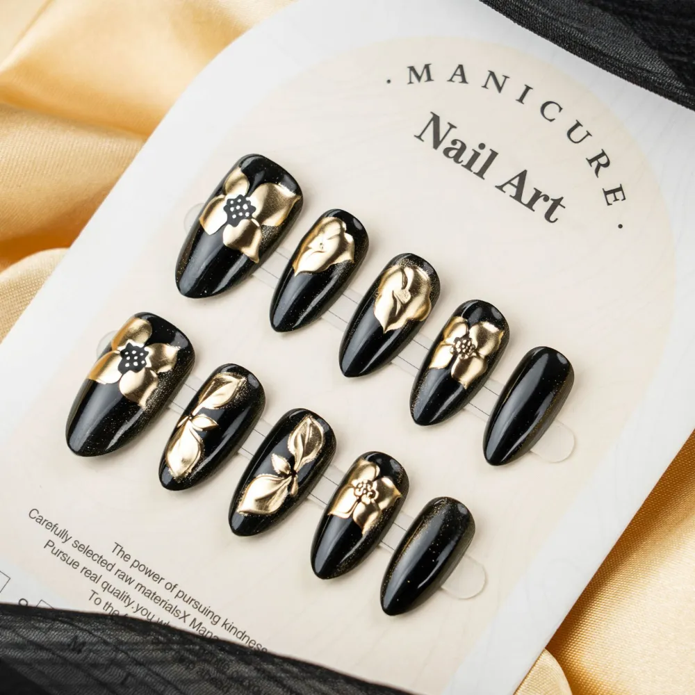 Nailhour 30Pcs Black Gilded Medium Almond Press On Nails