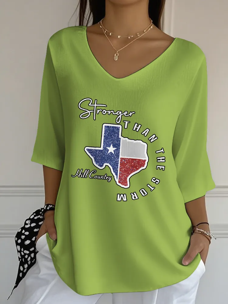 Ladies Casual Style STRONGER THAN THE STORM All-Match V-Neck Shirt