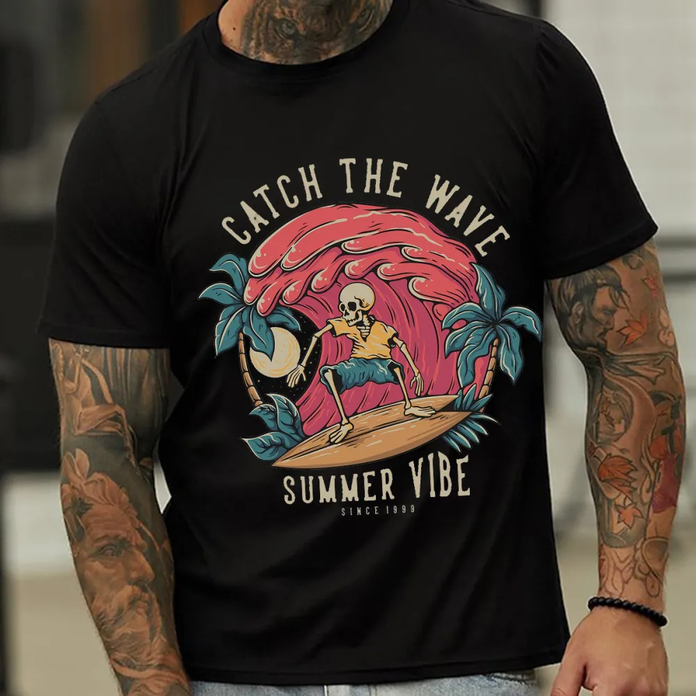 Skull Surfing Wave Catching Graphic T-Shirt