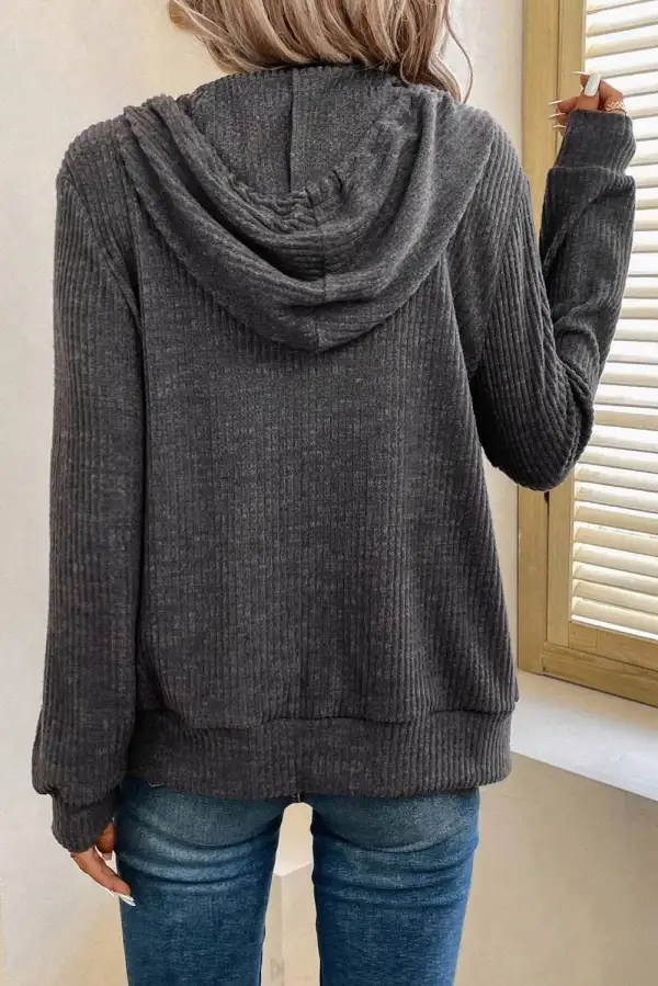 Modern Ribbed Zip Up Front Drawstring Hoodie