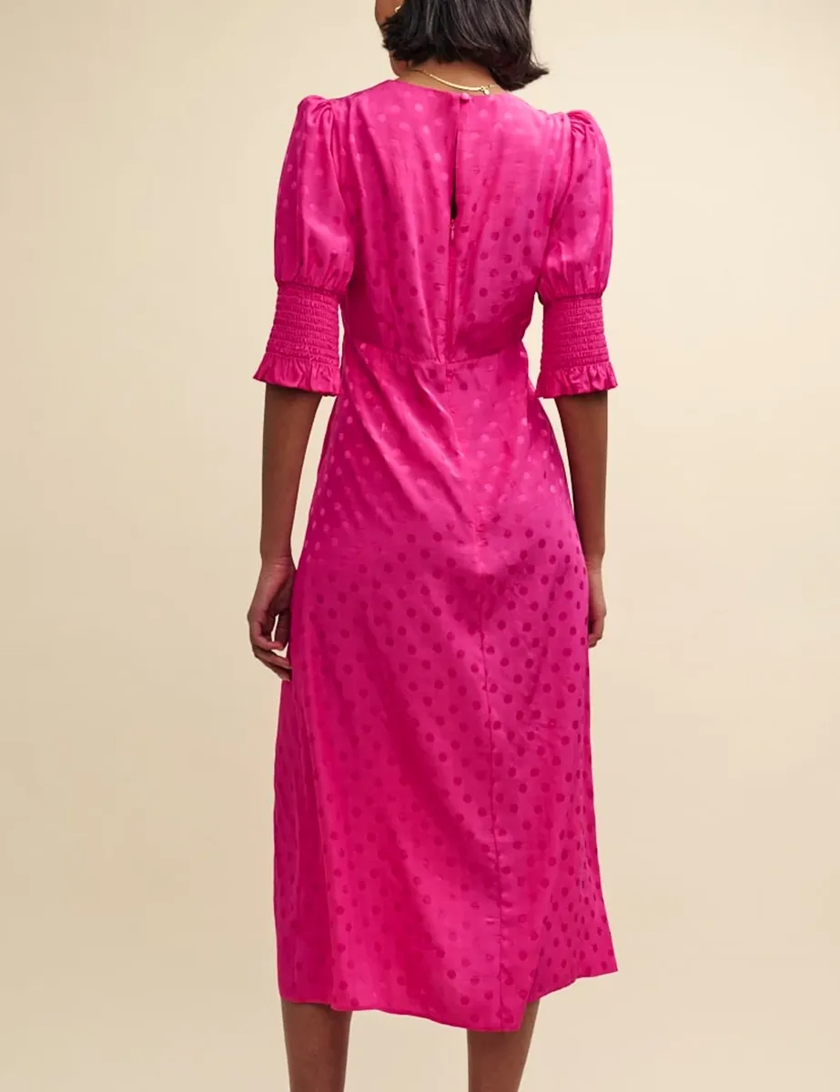 Pink Satin Jacquard Pattern Midi Dress