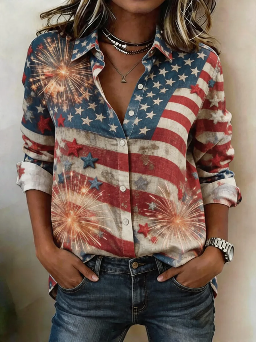 Women's Casual Independence Day American Flag Art Printed Shirt