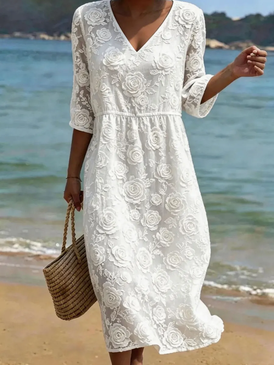 Women's Classy Rose Cotton Linen Maxi Dress