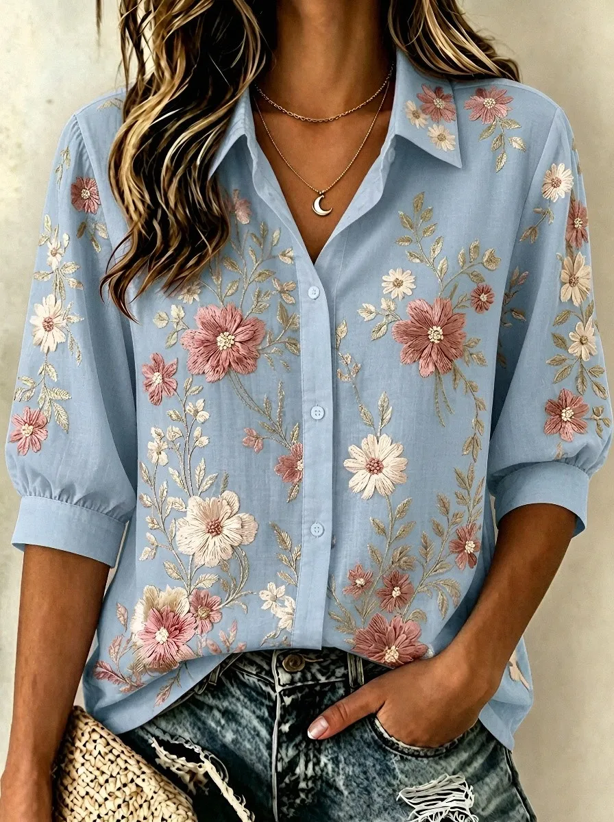 Women's Breast Cancer Awareness Pink Floral Embroidered Button-Down Shirt
