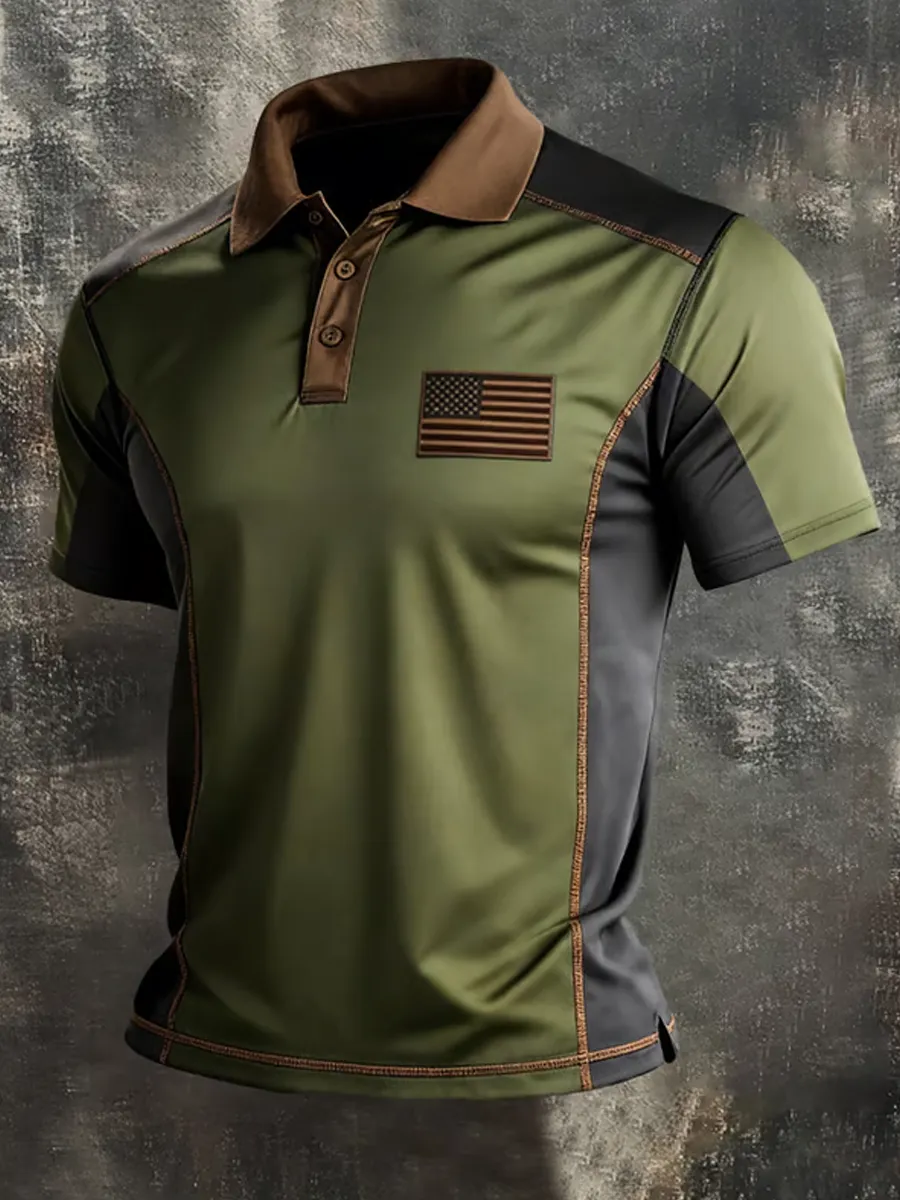 Men's Retro Patriot Color Block Polo Collar Short Sleeve