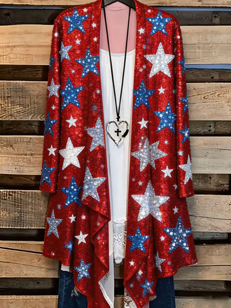 Stars and Rhinestones Print Women's Casual Cardigan