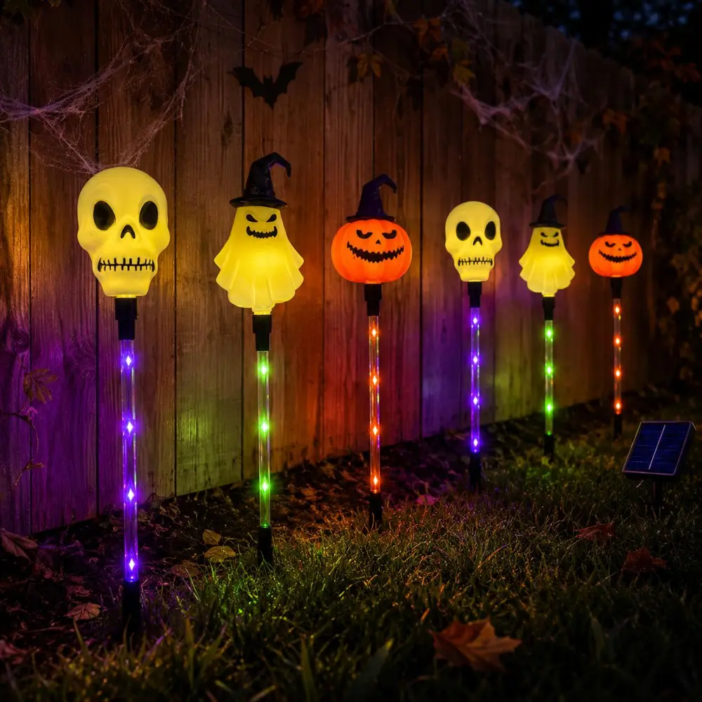 6pcs Halloween Solar Path Lights - Outdoor Ghost, Skeleton & Pumpkin Stake Lights with 8 Modes