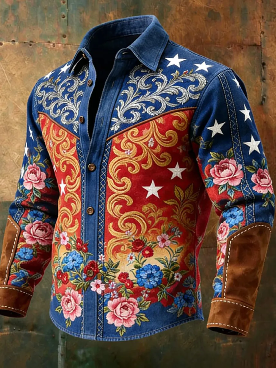 Men's Vintage Distressed Western-Style 250th Anniversary Commemorative Printed Shirt