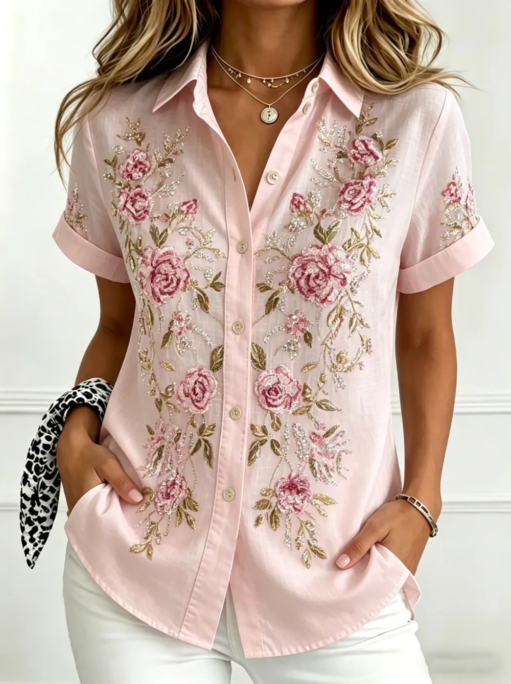 Women'S Casual Cotton Linen Flower Personality Printing Lapel Short Sleeve Shirt