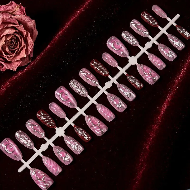 Nailhour 30Pcs Floral 3D Medium Almond French Press On Nails