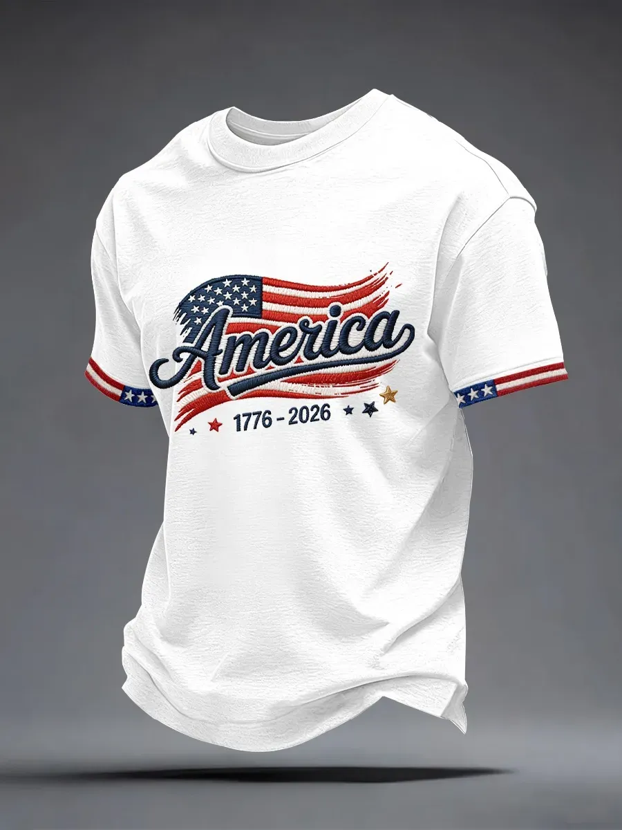 Men'S America 1776-2026 Embroidery Pattern T-Shirt
