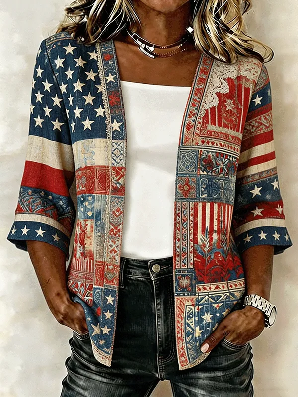 Women's Vintage American Flag Patchwork Open Front Cardigan