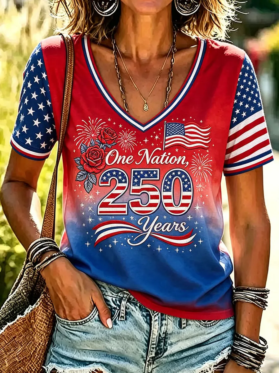 Women's Retro American 250th Anniversary V-neck Short-sleeved T-shirt
