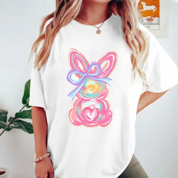 Colorful Ribbon Bunny Print T-Shirt