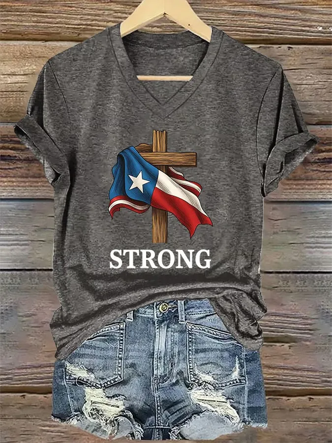 V-Neck Retro Texas Strong Faith Cross Print T-Shirt