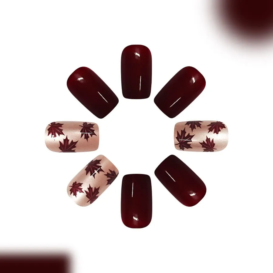 Nailhour 24Pcs French Autumn Floral Short Square Press On Nails