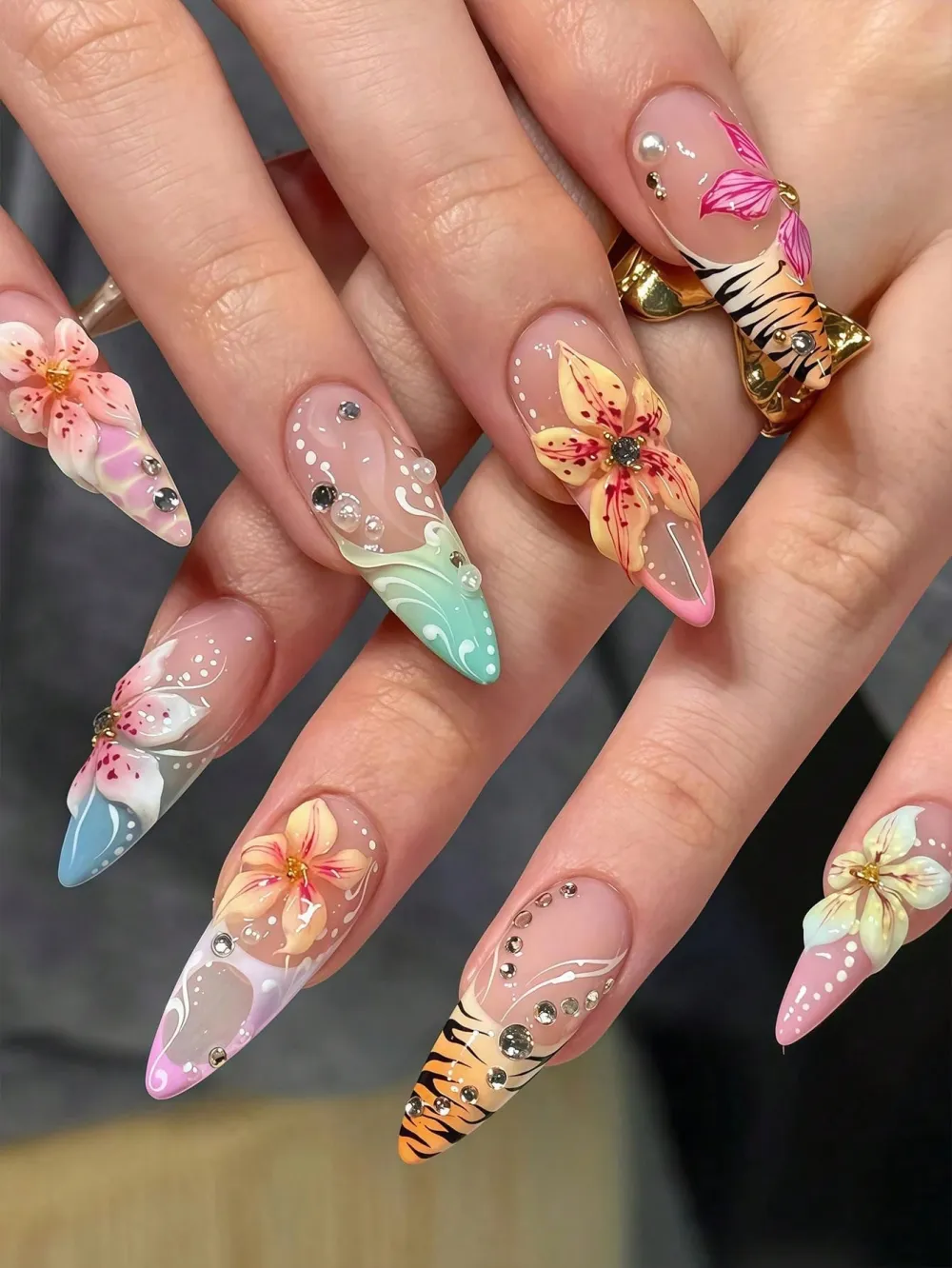 Nailhour 24 Pcs Almond Embossed 3D Matte Floral And Ombre Tiger Print Nail Art
