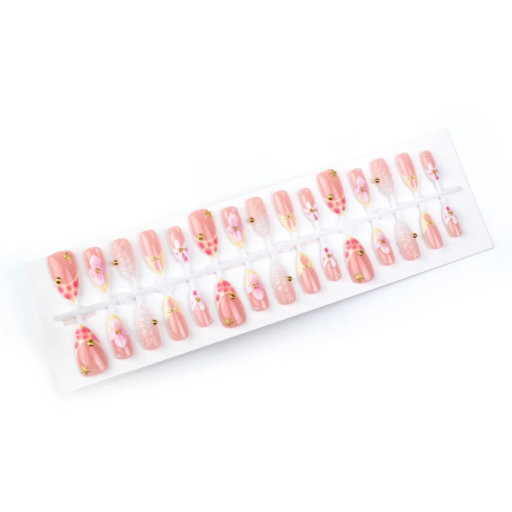Nailhour 30Pcs Floral 3D Medium Pink Almond French Press On Nails