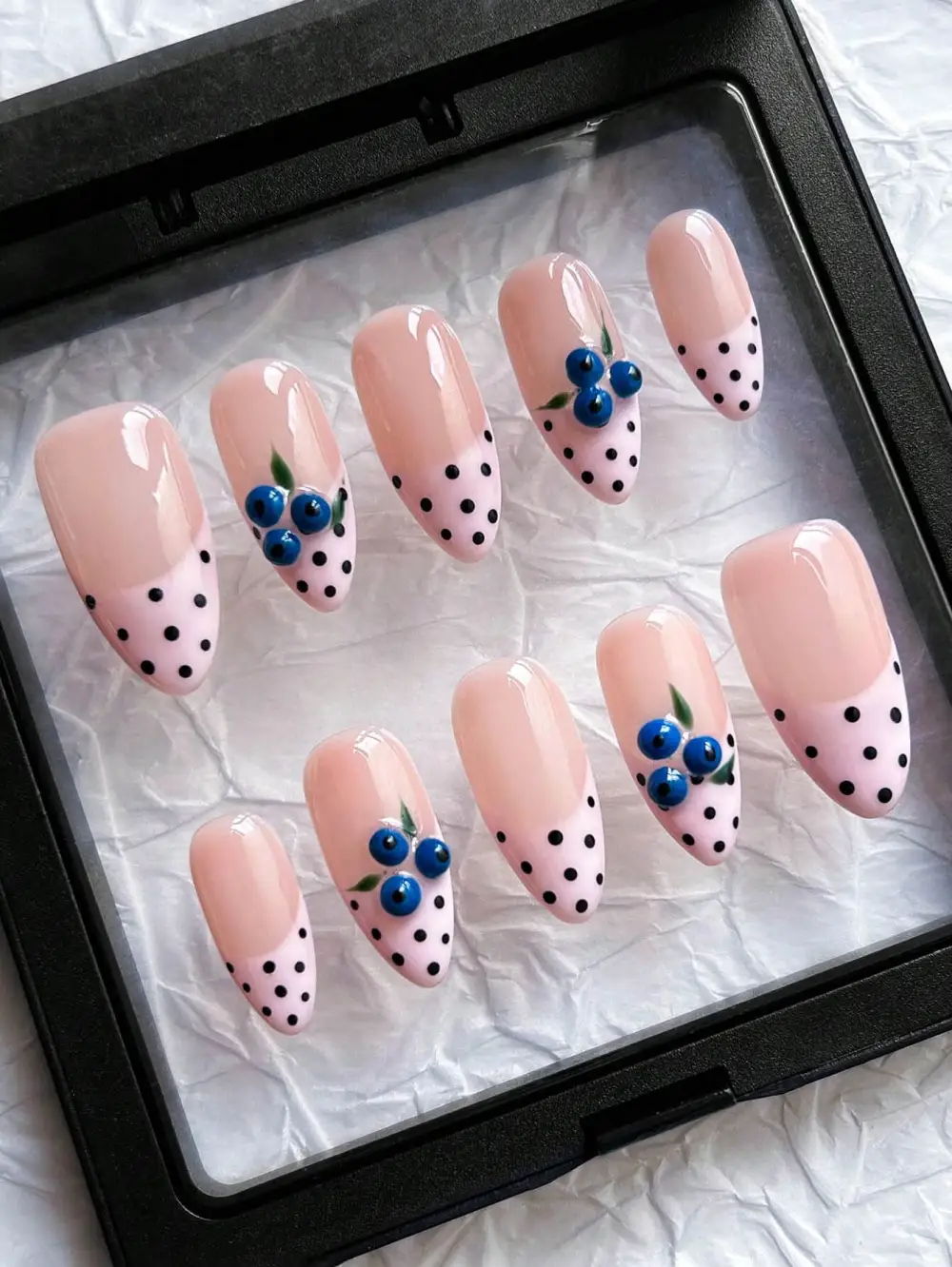 Nailhour 10Pcs Handmade Medium Almond French Brown Polka Dots Press On Nails
