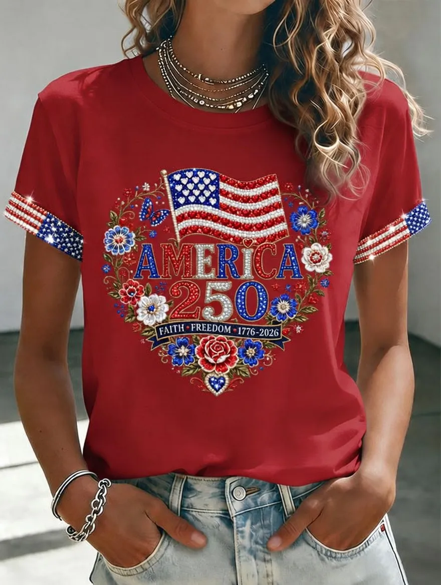 Women'S American Independence Day 250Th Anniversary Printed Short Sleeved T-Shirt