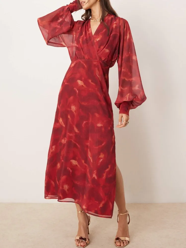 Printed Surplice Long Sleeve Dress