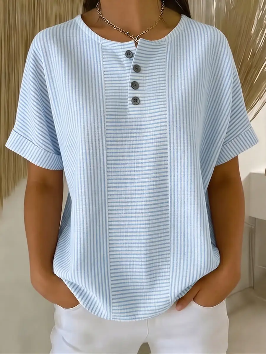 Women's casual striped cotton linen button-down shirt