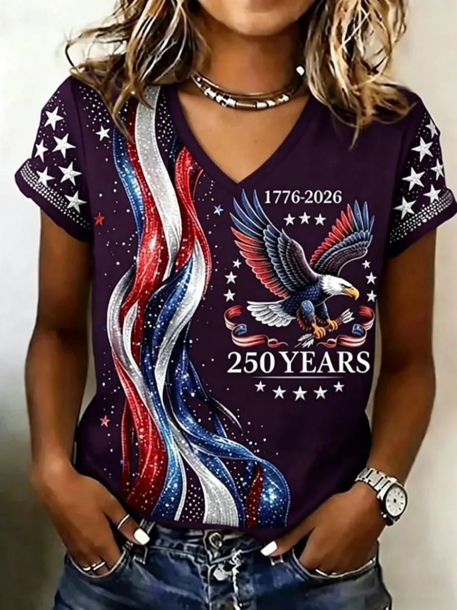 Retro 250th Anniversary Glitter Design Women's V Neck T-Shirt