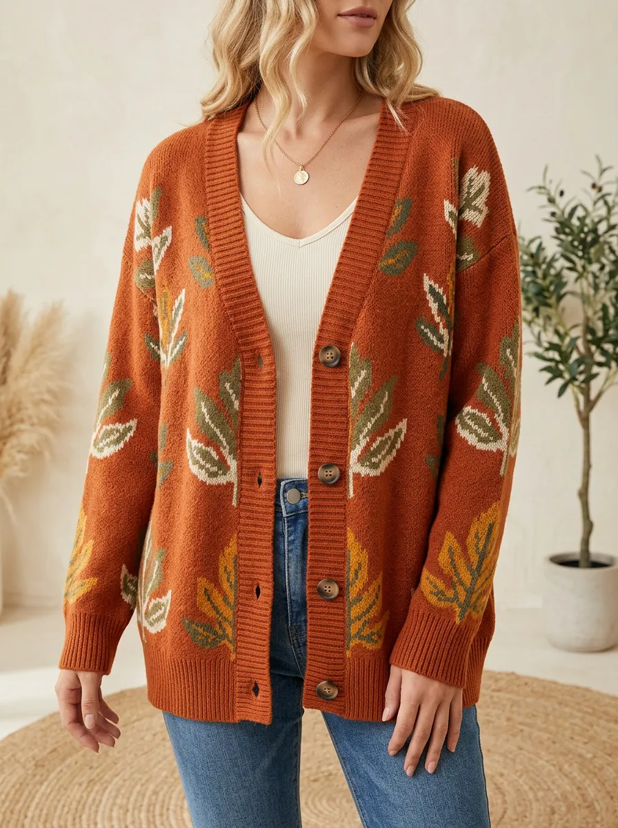 Botanical Leaf Pattern Patterned Women's Knit Cardigan