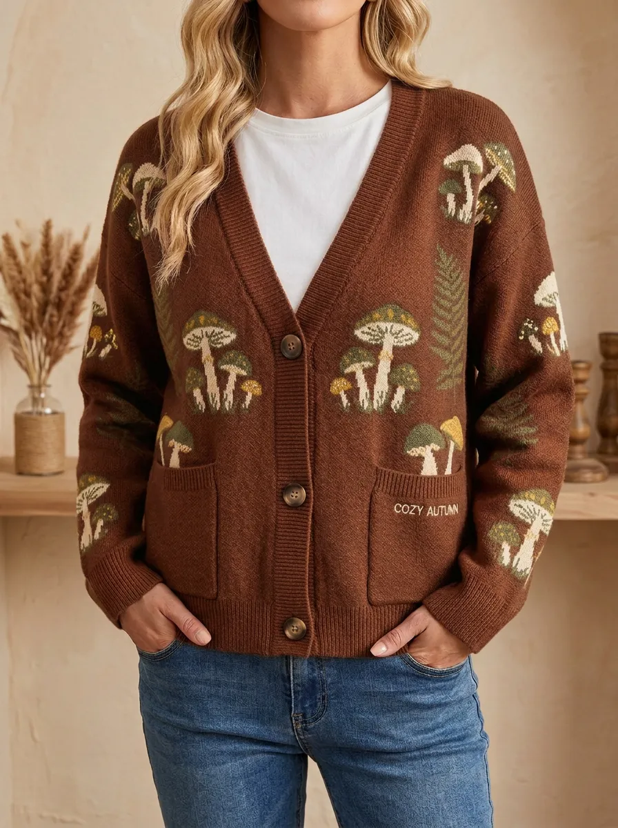 Mushroom Fern Pattern Patterned Women's Knit Cardigan