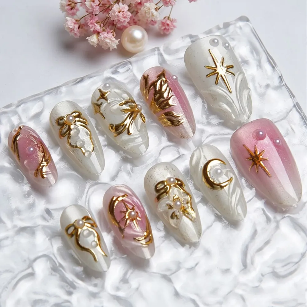 Nailhour 30Pcs 3D Medium Almond French Star Gilded Press On Nails