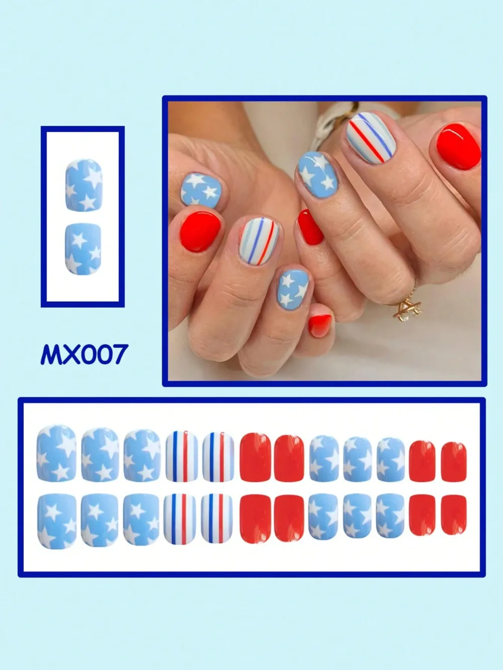 Nailhour 24pcs Red White & Blue Star Pattern Patriotic Style Fake Nails