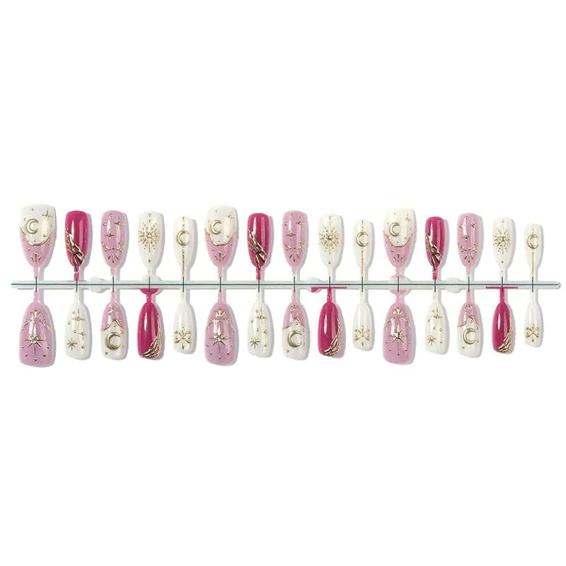 Nailhour 30Pcs French Blending Multicolor Gilded Cat Eye Medium Almond Press On Nails