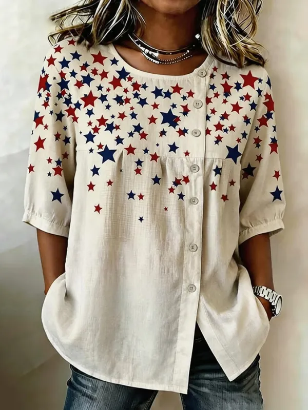 Women's Cotton Linen Floral Floral 250th Anniversary Digital Print Top