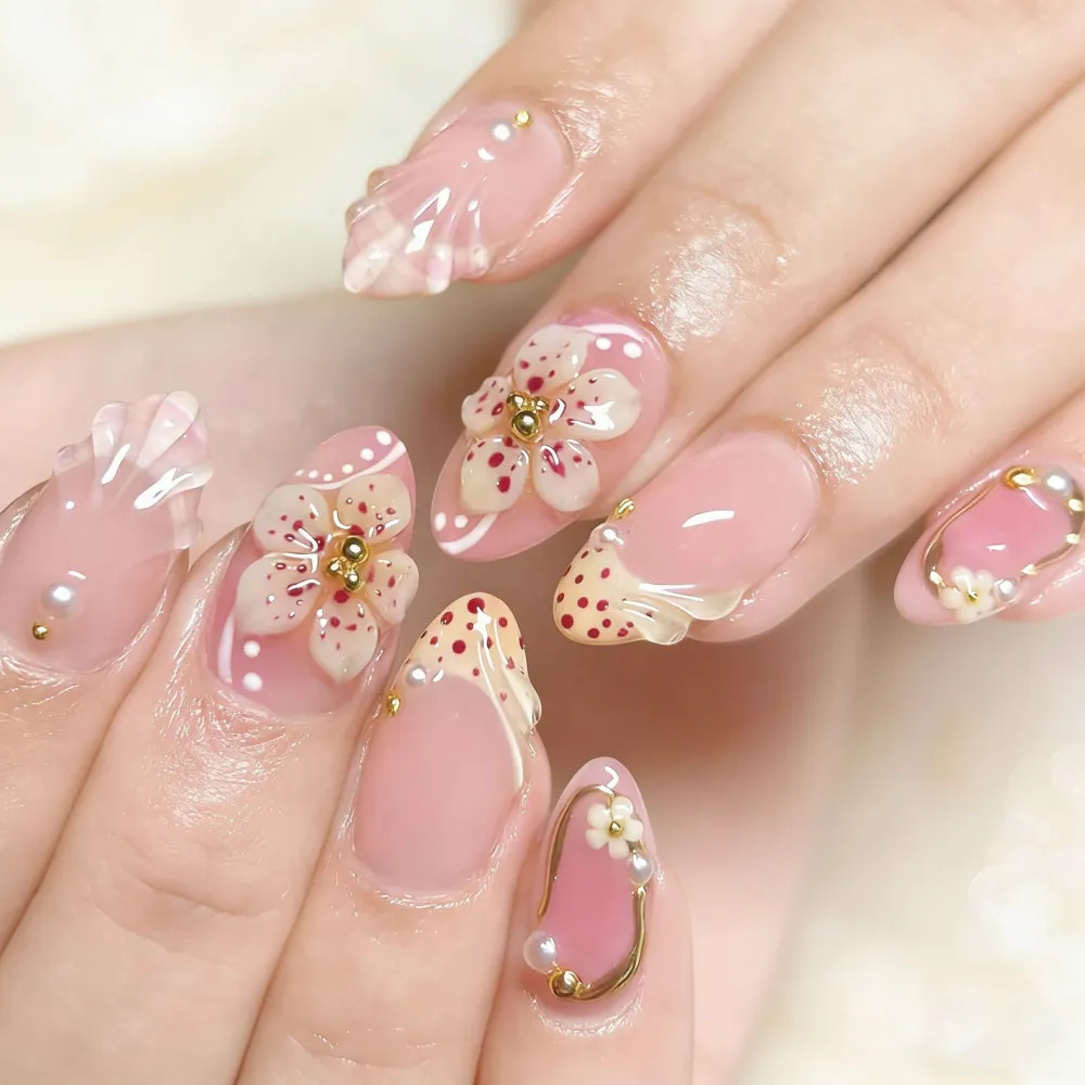 Nailhour 30Pcs Pink Cherry Blossom Medium Almond French Press On Nails