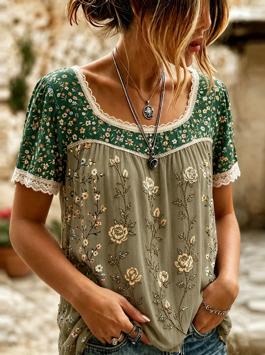 Women's Boho Floral Vintage Rose Embroidered Printed Short Sleeve T-Shirt