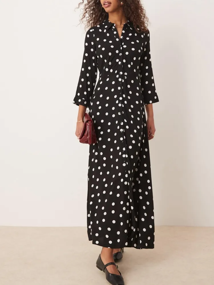 Polka Dot Print Maxi Shirt Dress