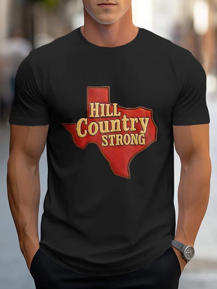 Men'S Casual Style HILL COUNTRY STRONG Simple Round Neck Slim Fit T-Shirt