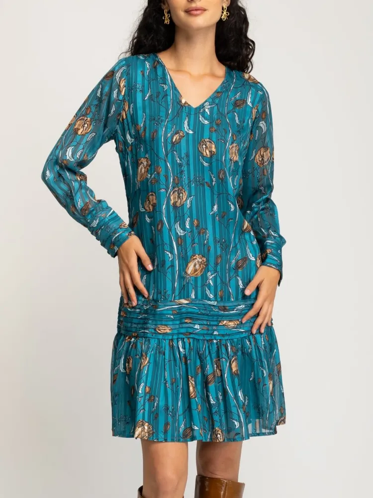 Ruffled Hem Print Long Sleeve Dress