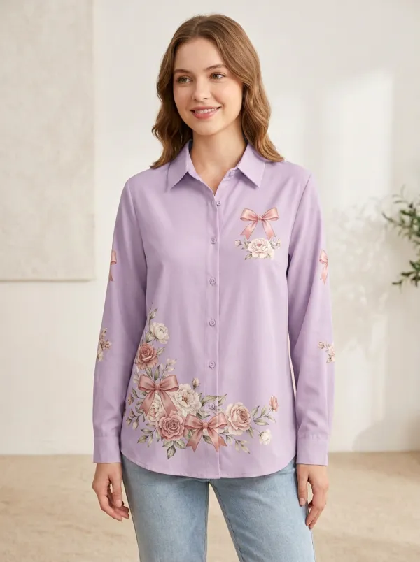 Women's Breast Cancer Awareness Floral Bow Printed Button-Down Shirt