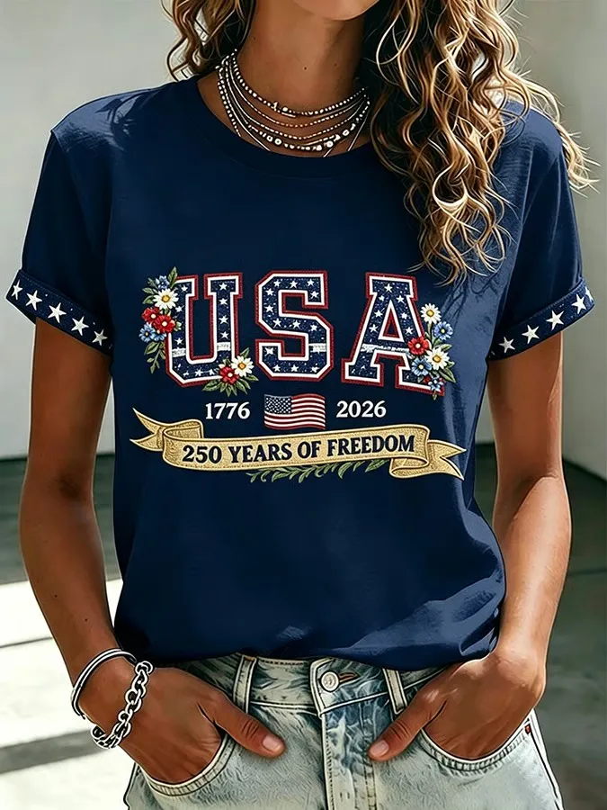 Women's 250 Years Of Freedom Flower Art Print T-shirt
