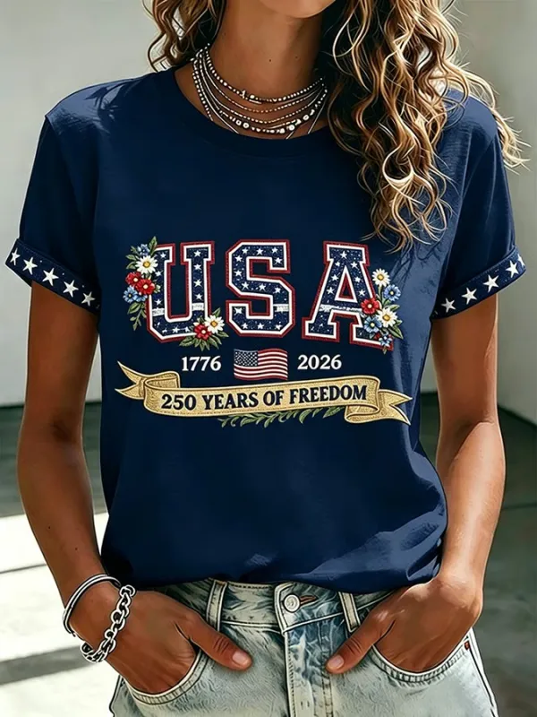 Women's 250 Years Of Freedom Flower Art Print T-shirt