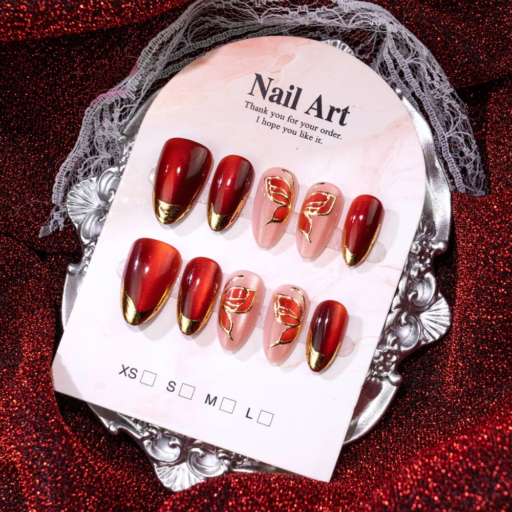 Nailhour 30Pcs Red Cat Eye Gilded Medium Almond Press On Nails