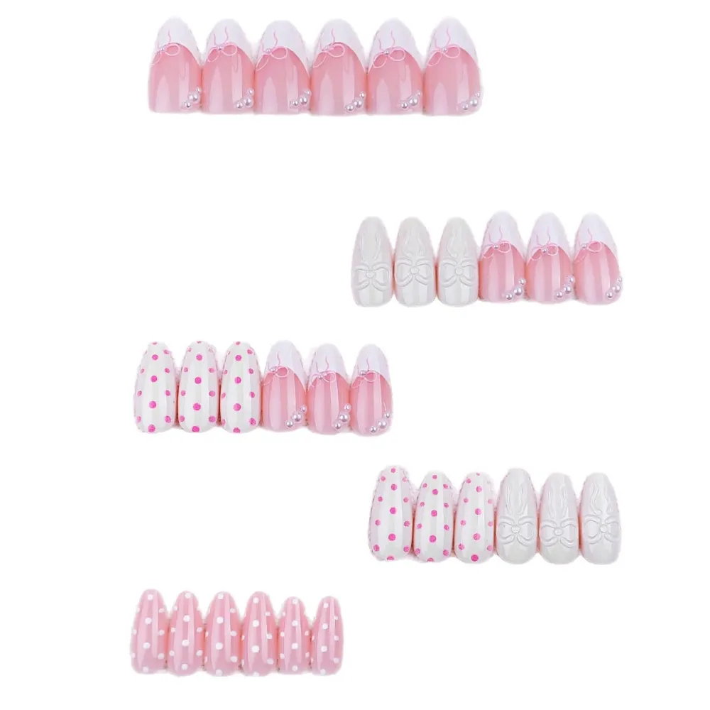 Nailhour 30Pcs Floral 3D Medium Almond French Butterfly Bow Press On Nails