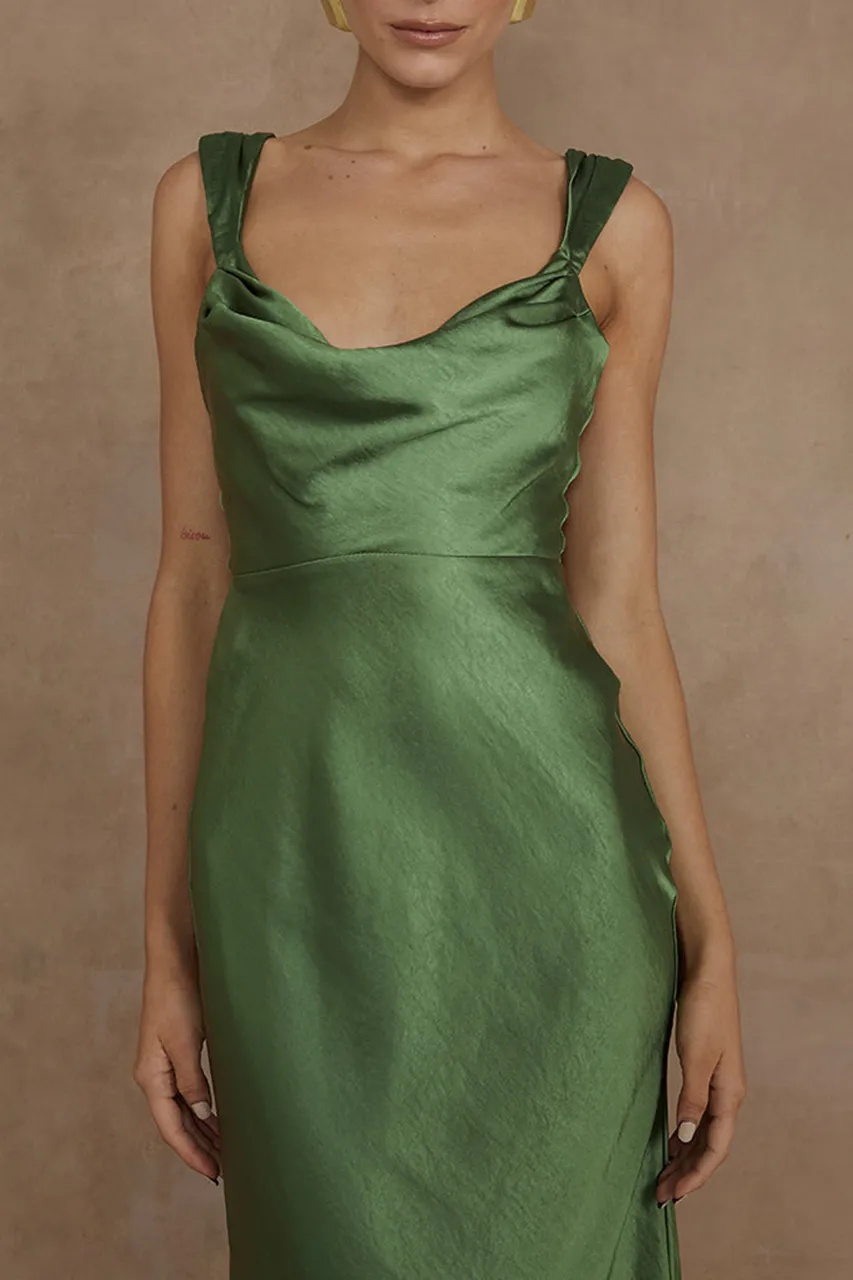 Satin Cowl Neck Midi Dress