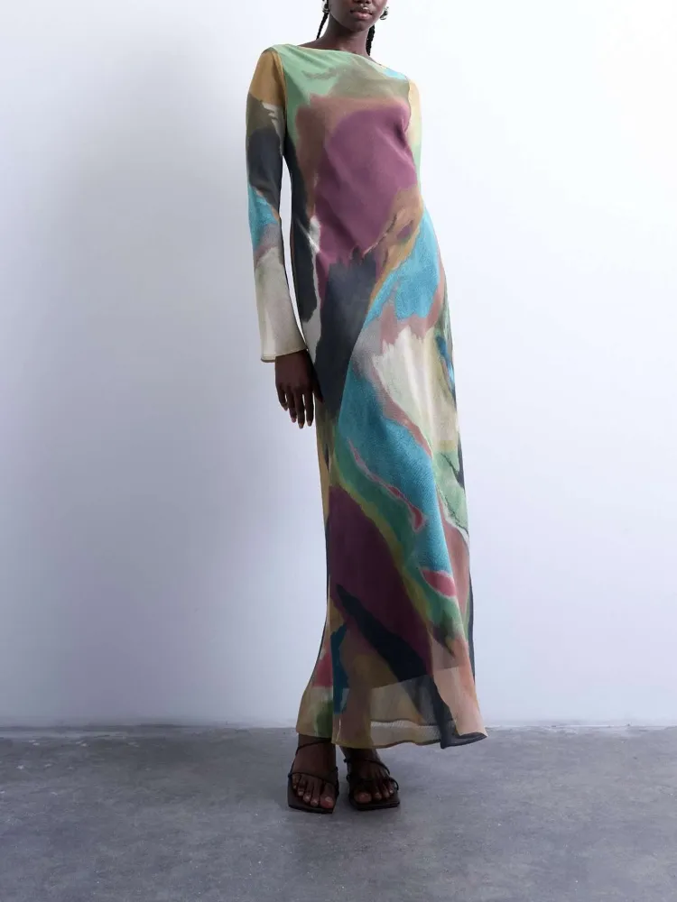 Contrast Color Printed Boat Neck Dress