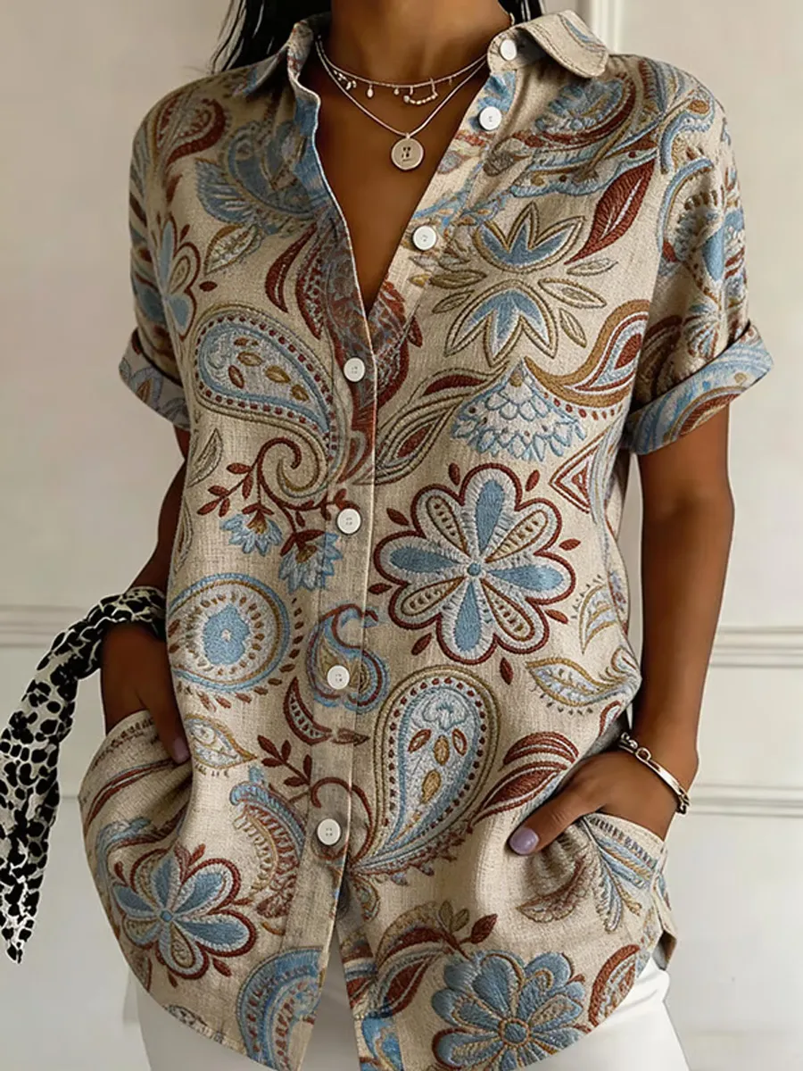 Women's Casual Cotton Linen Printed Blouse
