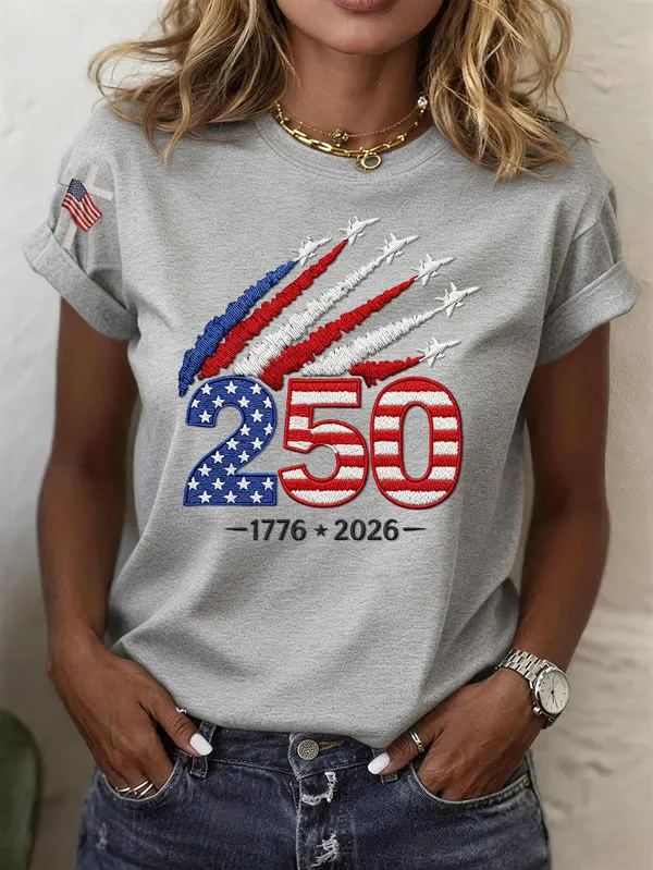 American Women's 250th Anniversary Embroidered Printed Round Neck Short Sleeve T-shirt