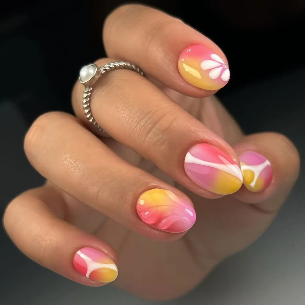 Nailhour 30pcs 3D Short Oval Purple Floral Press On Nails