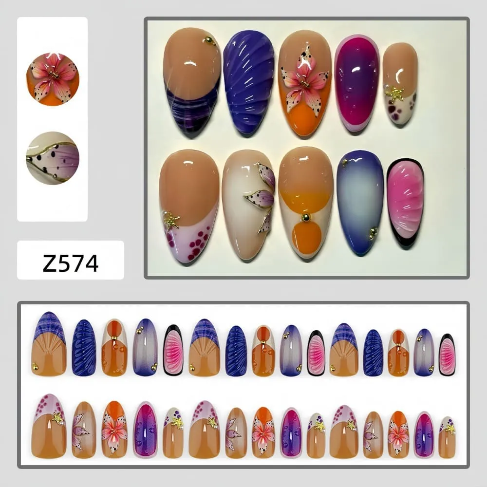 Nailhour 30Pcs Y2K 3D Medium Almond Vintage Press On Nails